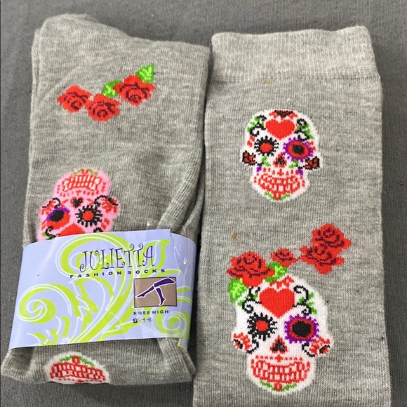 julietta Accessories - Gray Calavera sugar skull, Knee-High Socks with Red and Pink Accents